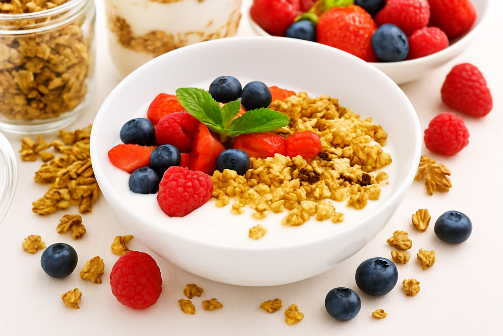 A bowl of homemade crunchy granola topped with fresh berries and honey