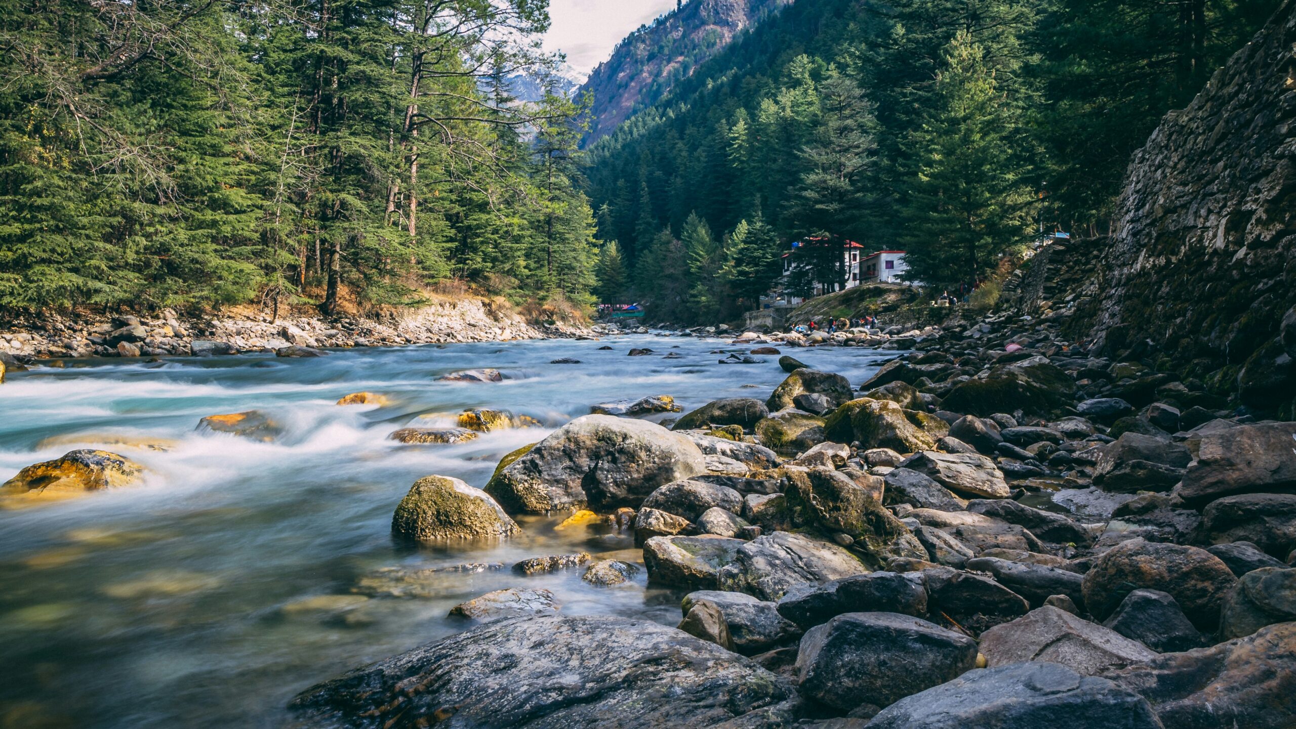 The tranquil Tirthan River—the perfect setting for a restful slow travel week in Himachal.