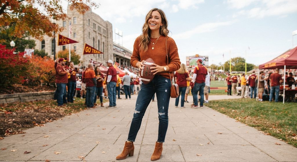 A stylish woman rocking a burnt orange sweater and suede booties while holding a football, combining fall fashion with game day spirit.
