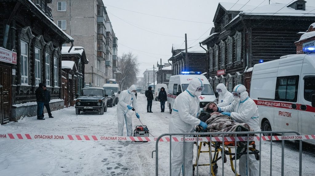 A remote Siberian landscape representing the research facilities linked to the Irkutsk outbreak rumors.